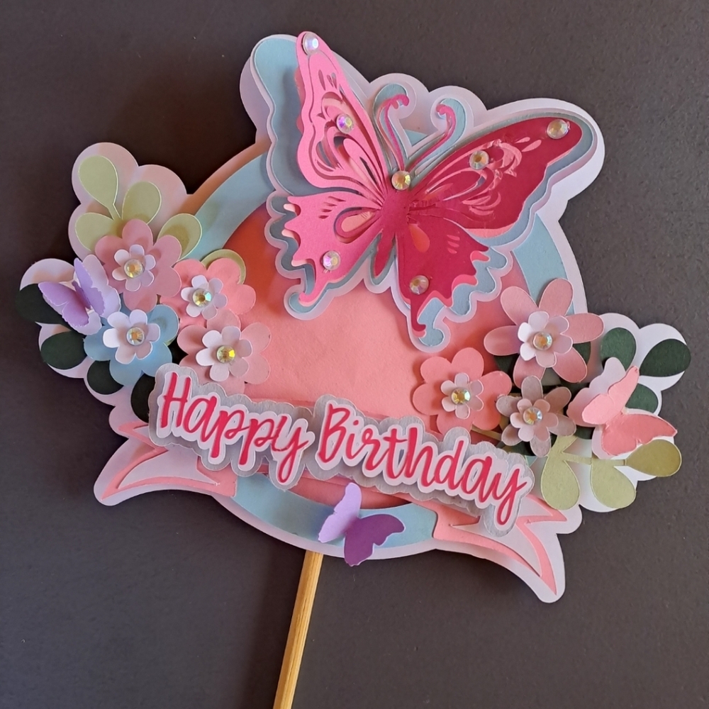 Custom Pink Cardstock Butterfly Happy Birthday Cake Topper‎ Party Decoration